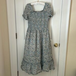 PinkBlush Heyson Light Blue Floral Ruffle Maternity Midi Dress size L, worn once